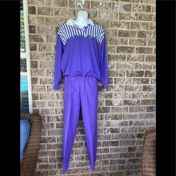 Koret Francisca Purple  Stripes Floral Top long sleeve Pant Set Size M/8 - Picture 1 of 12